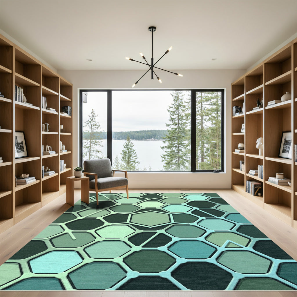 Earthy Green Hexagon Grid Rug