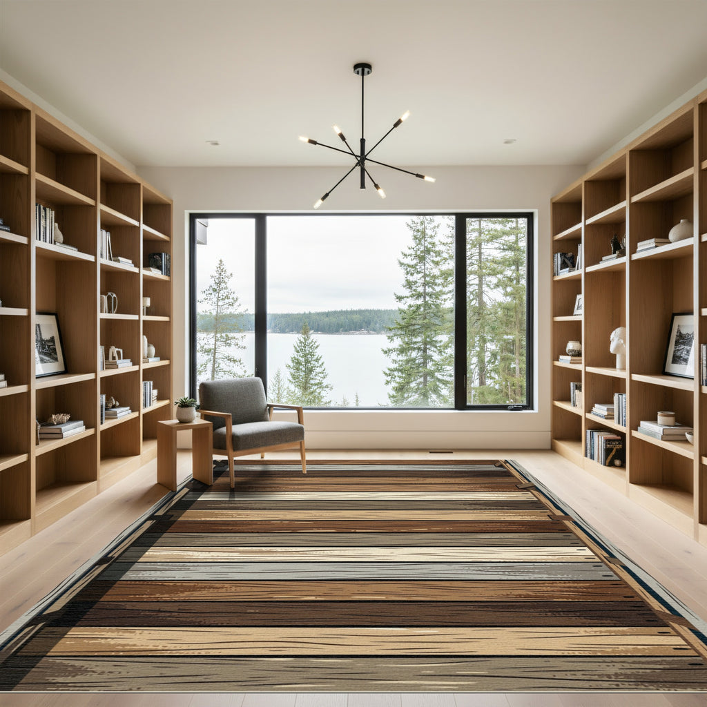 Rustic Wood Plank Horizontal Stripes Rug