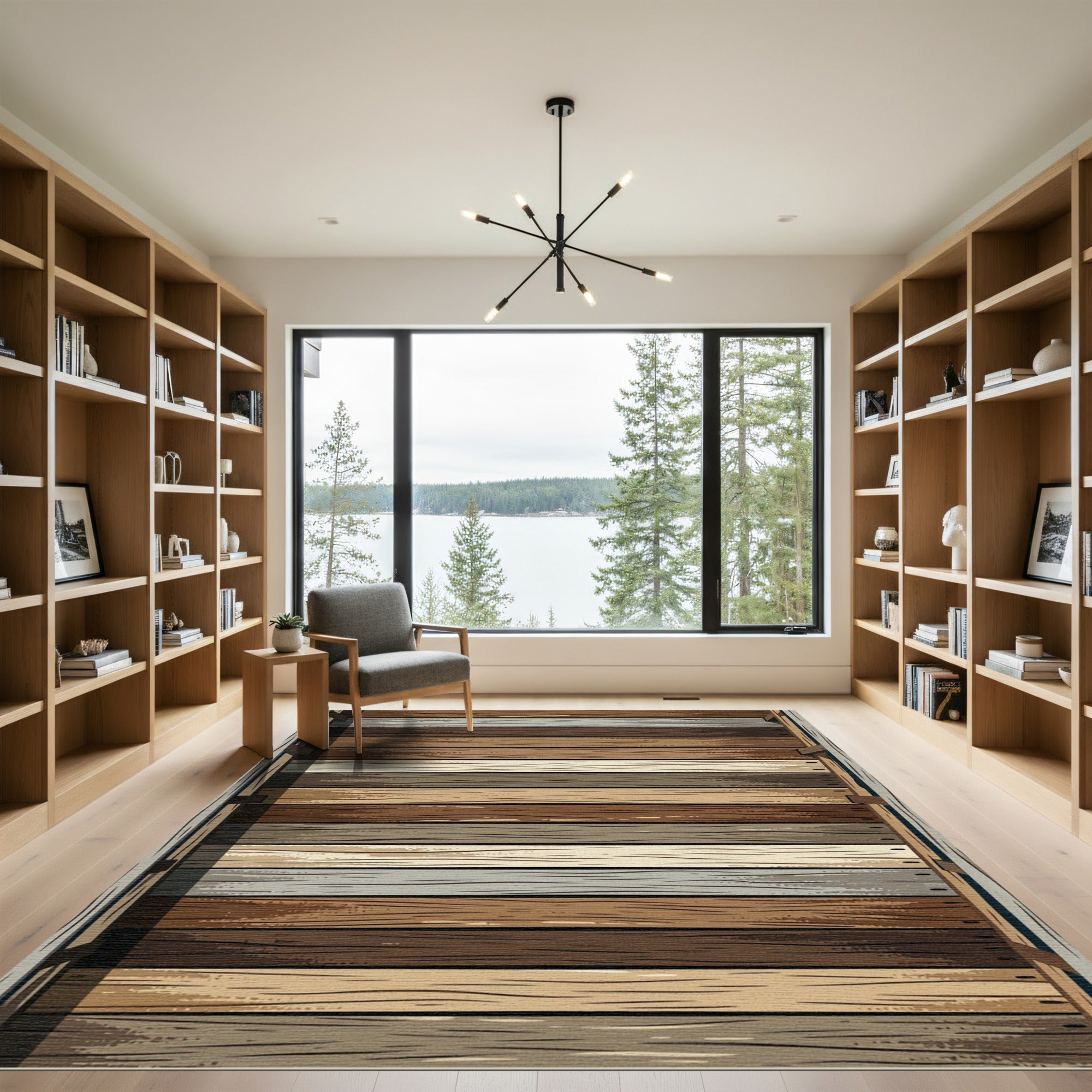 Rustic Wood Plank Horizontal Stripes Rug