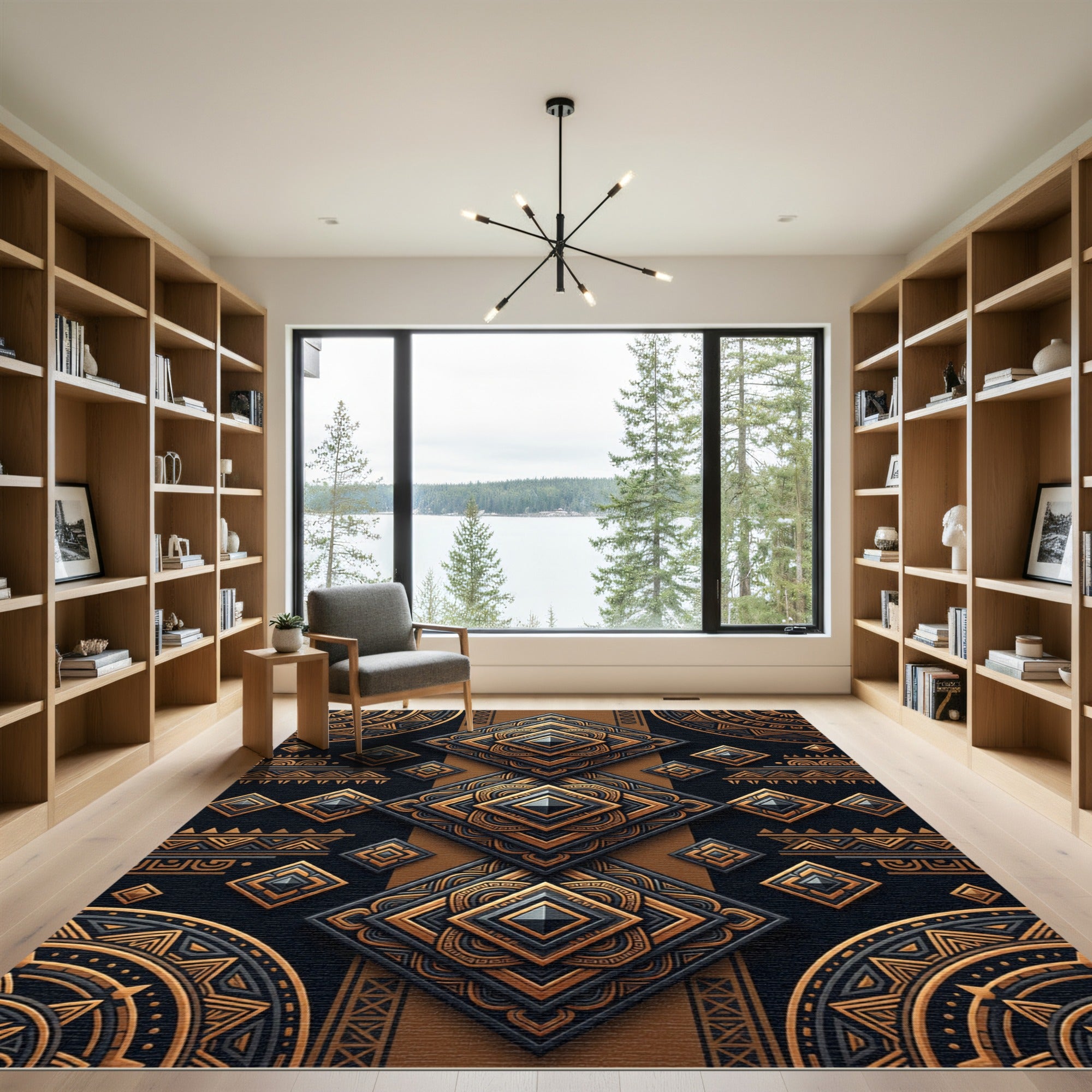 Elegant Black and Gold Geometric Medallion Rug