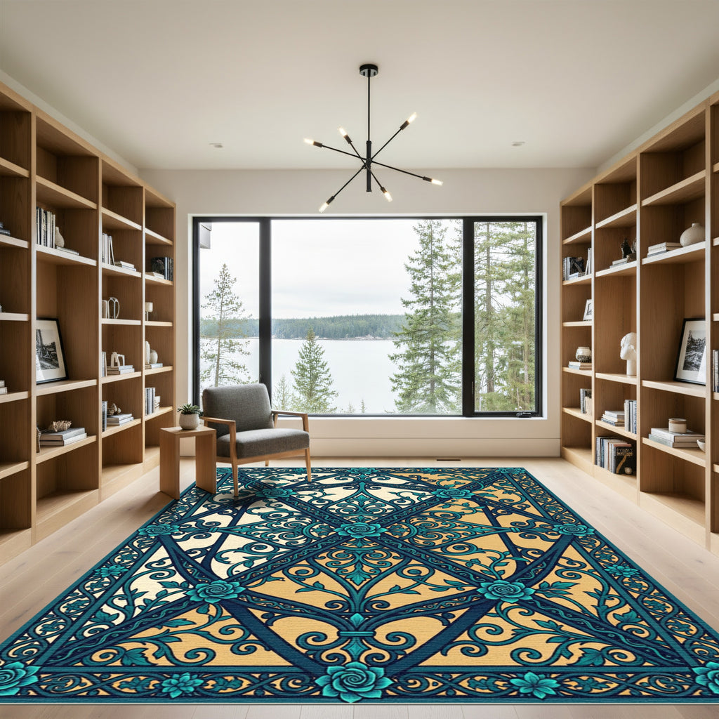 Teal Floral Lattice Scrollwork Rug