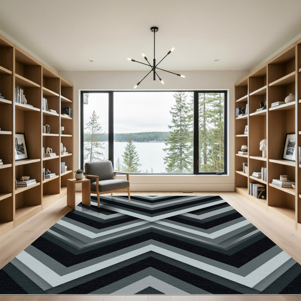 Monochrome Gray Angular Chevron Geometric Rug