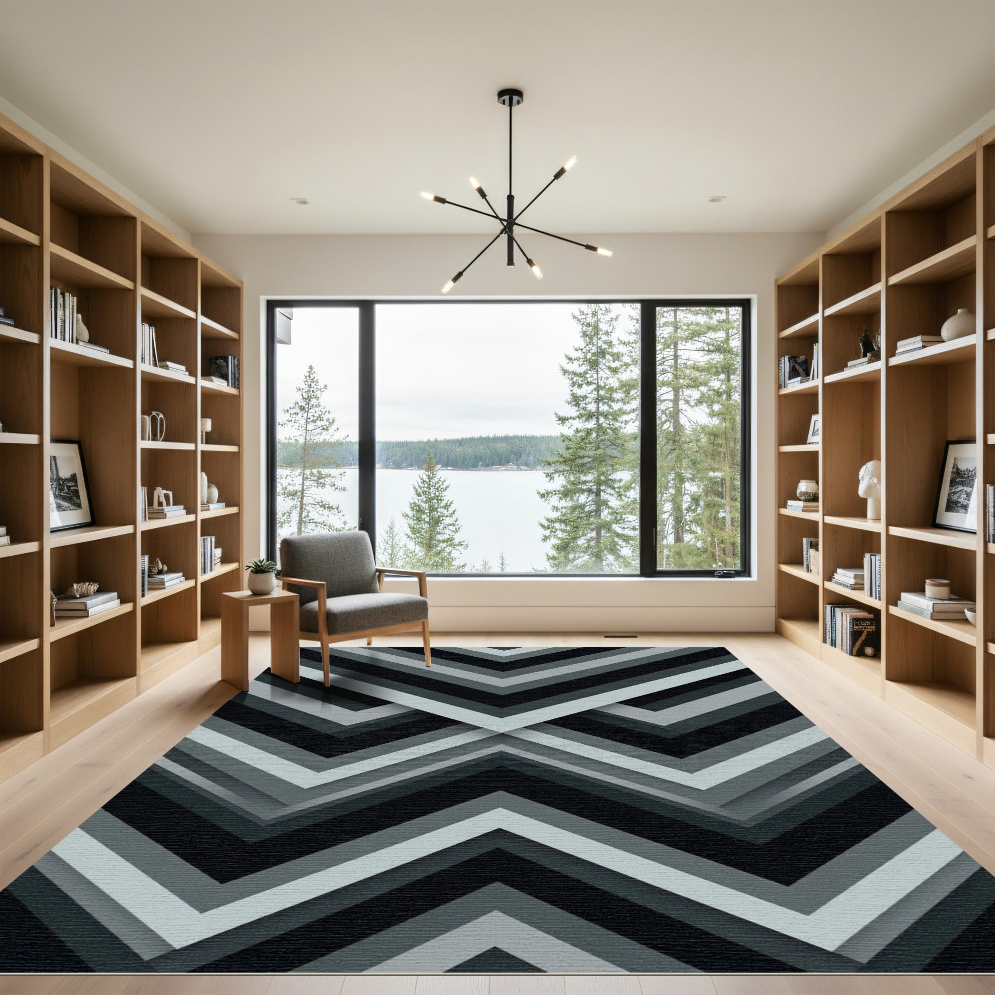 Monochrome Gray Angular Chevron Geometric Rug