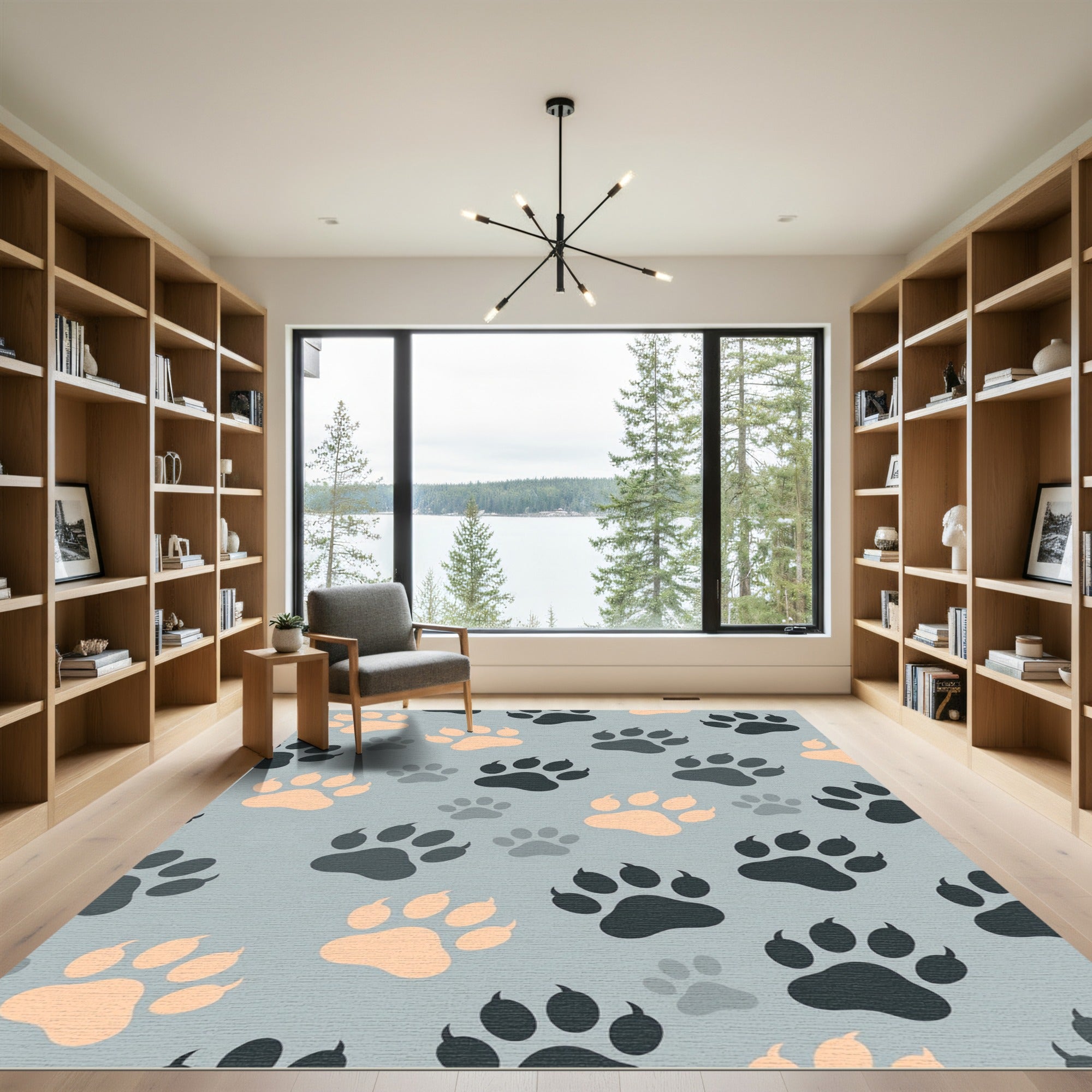 Playful Slate and Peach Paw Impression Rug