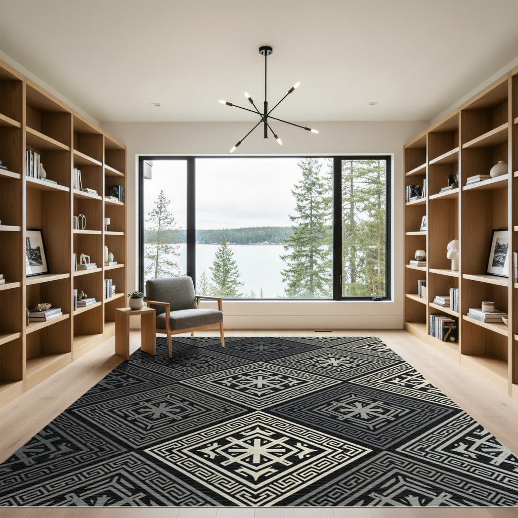 Silver Black Diamond Geometric Ornament Rug