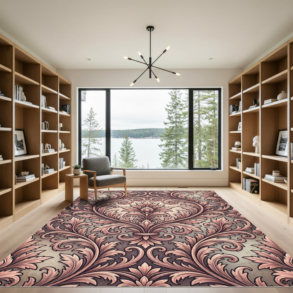 Elegant Blush Damask Scroll Foliage Rug