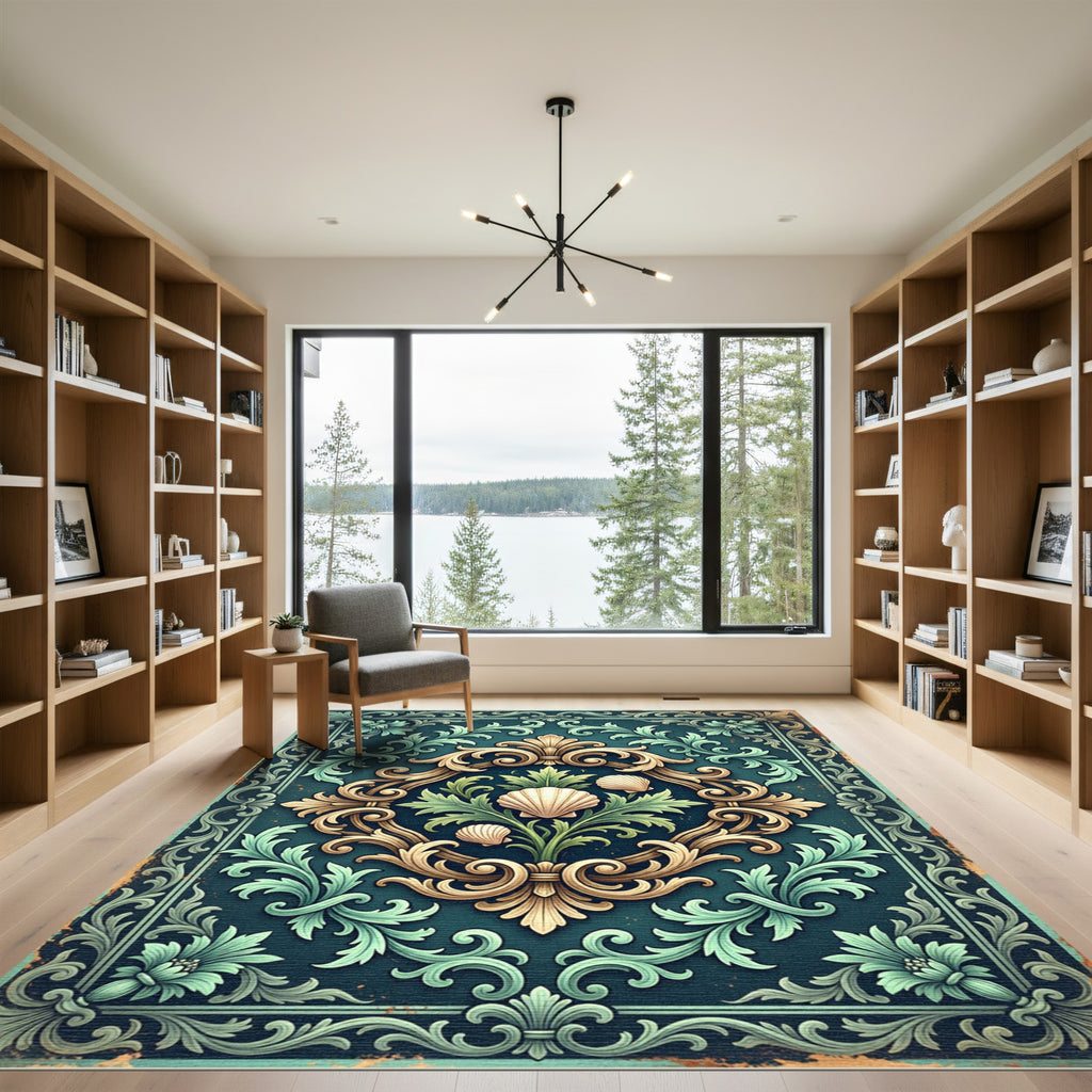 Ornate Teal Shell Botanical Scrollwork Rug