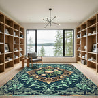 Ornate Teal Shell Botanical Scrollwork Rug