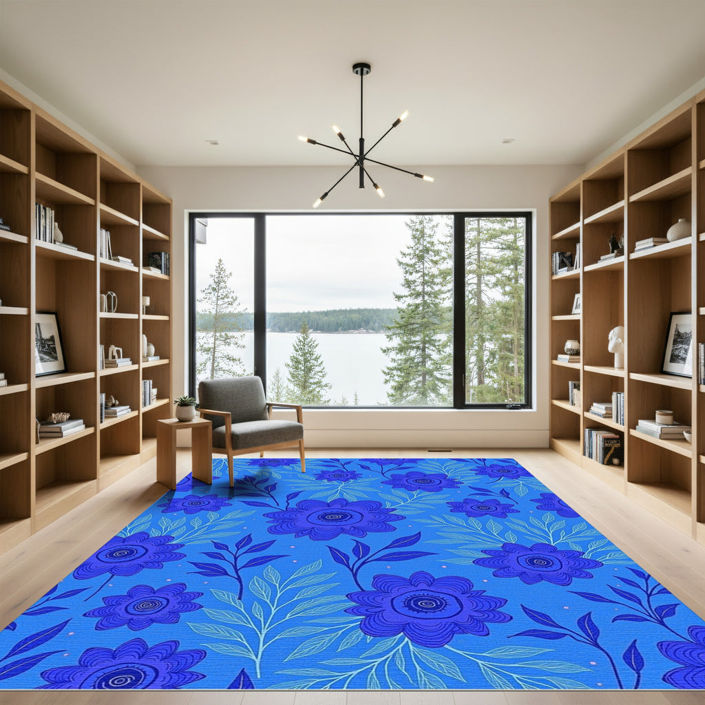 Deep Blue Floral Vine Composition Rug
