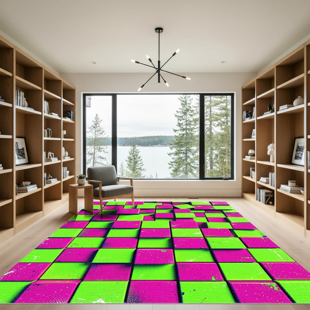 Neon Green and Magenta Pixel Grid Rug