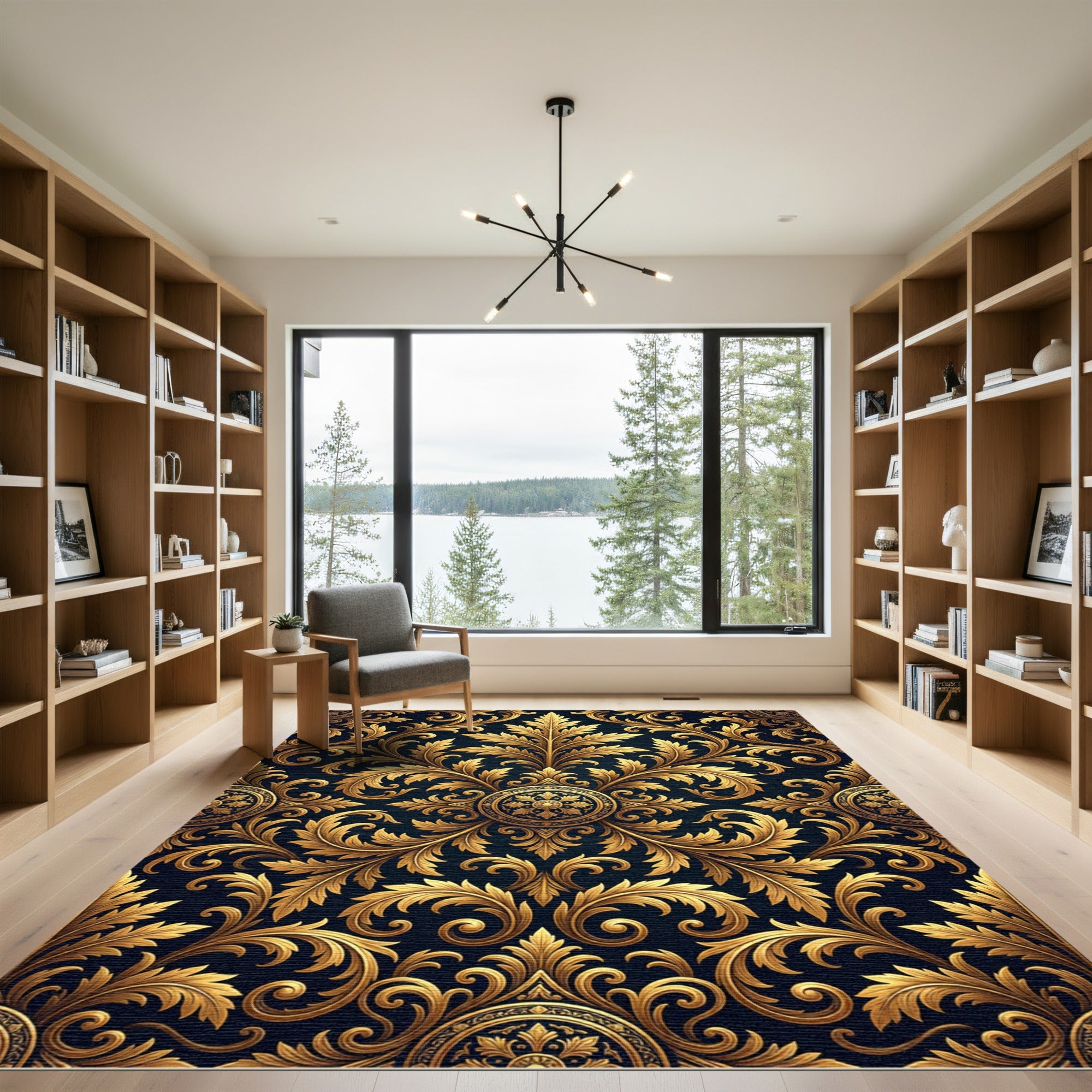 Ornate Gold Acanthus Damask Navy Rug