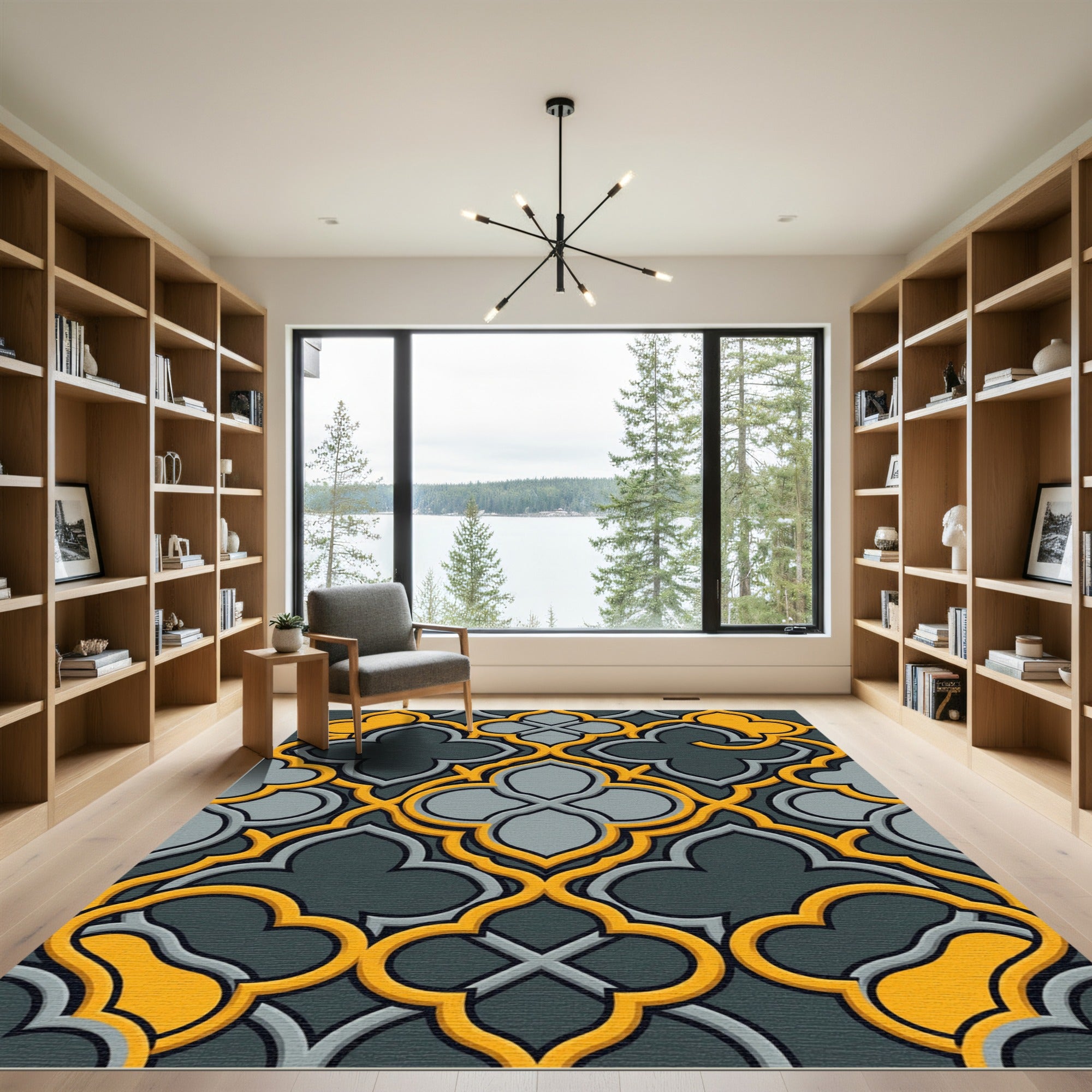 Onyx Gray Yellow Quatrefoil Overlay Rug