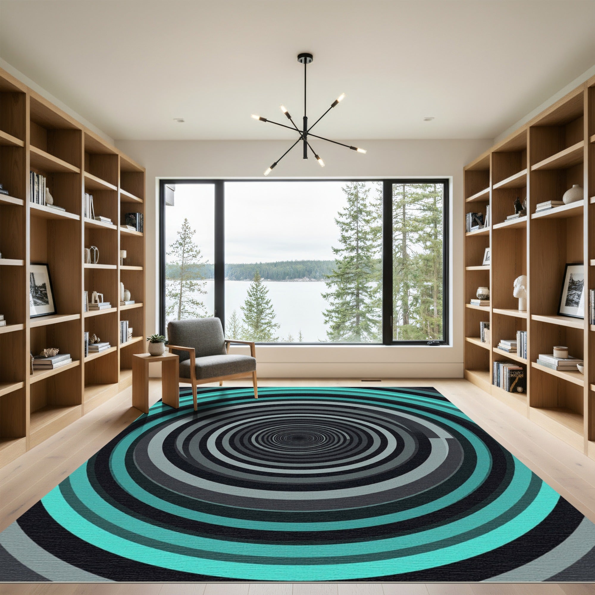 Modern Teal and Gray Concentric Vortex Rug