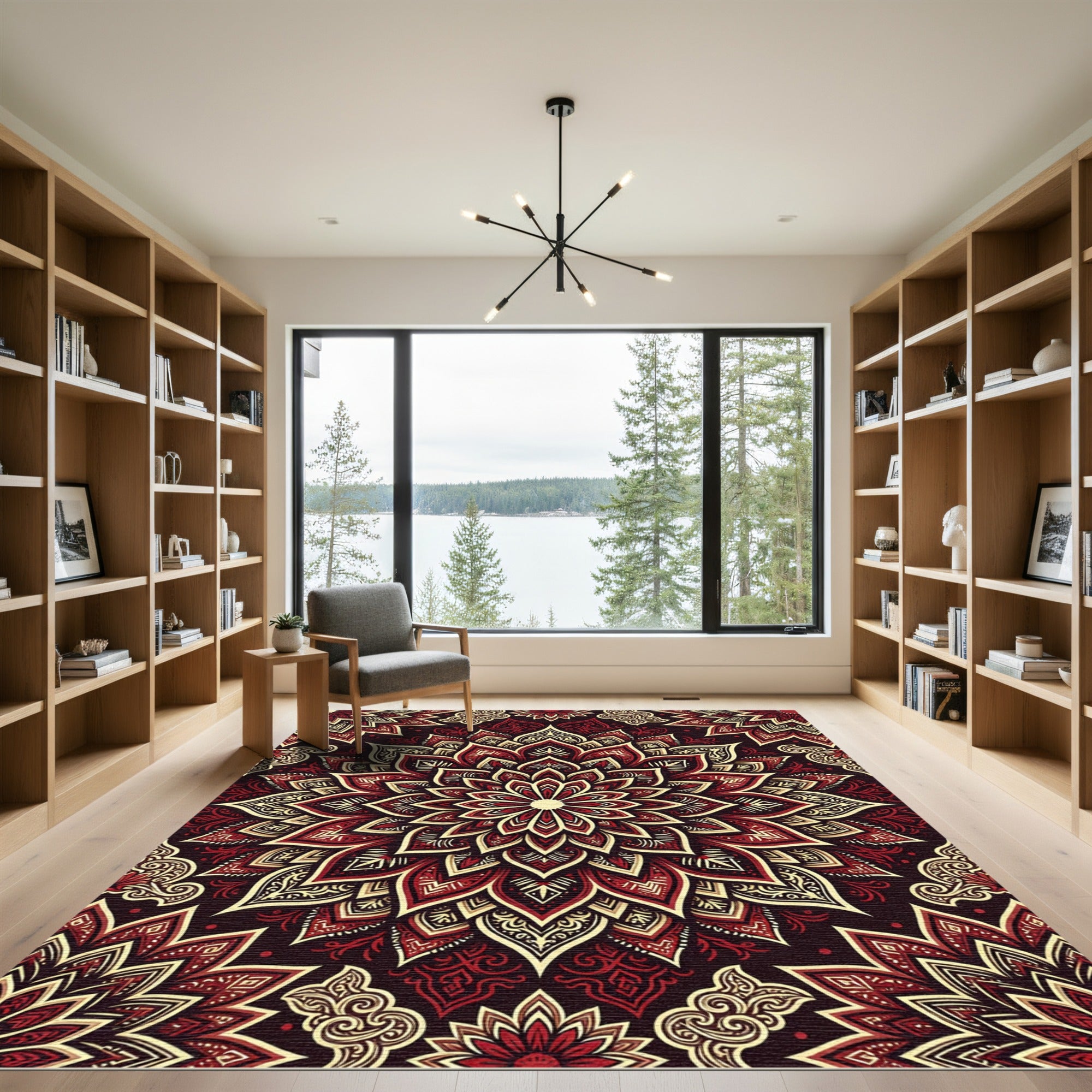 Deep Red Gold Floral Mandala Rug