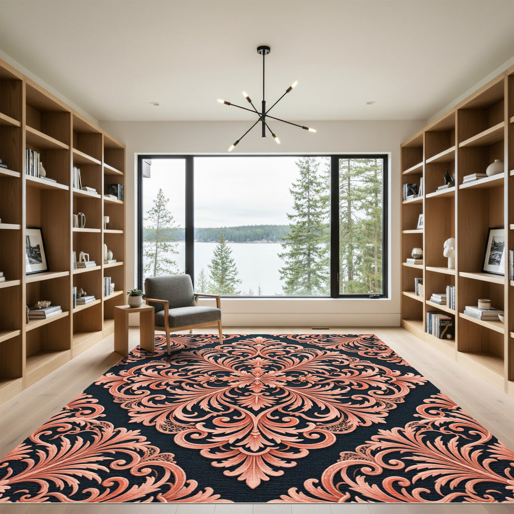 Blush Coral Ornate Damask Medallion Rug
