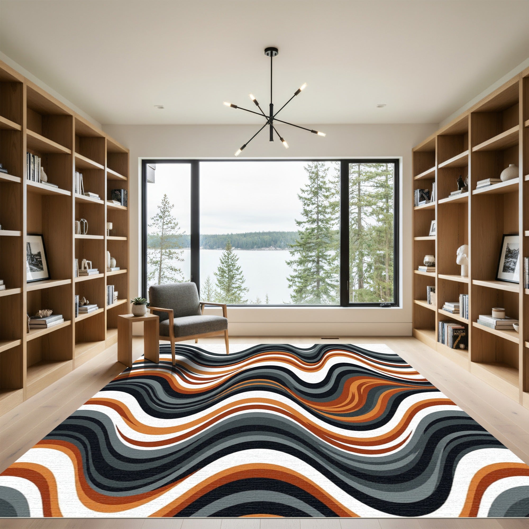 Modern Abstract Burnt Orange Wavy Flow Rug