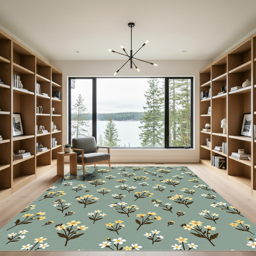 Sage Green Yellow Floral Meadow Rug