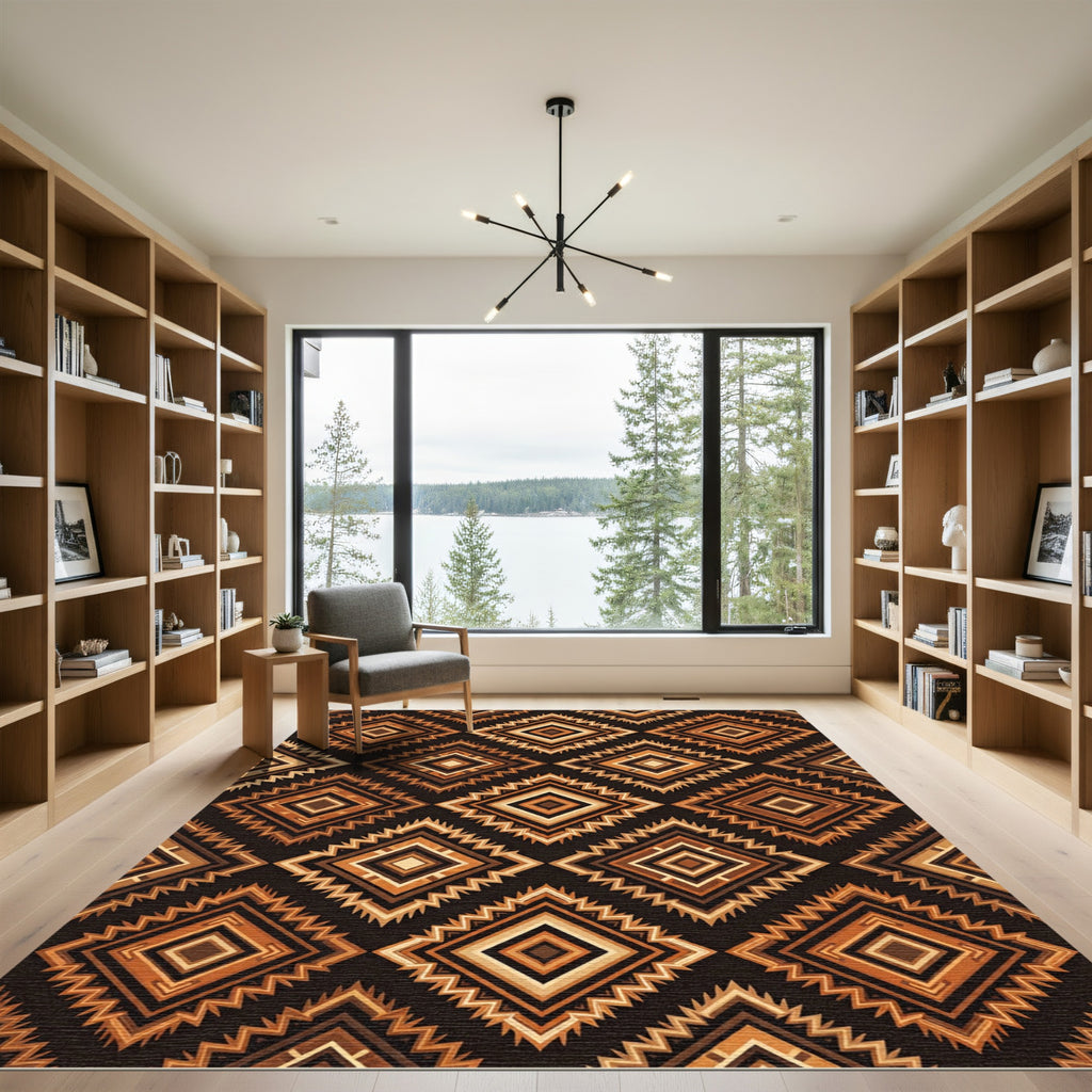 Earthy Brown Zigzag Geometric Diamond Rug