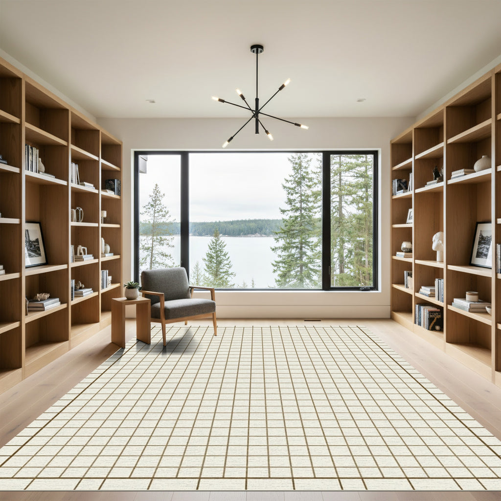 Minimalist Tan Cream Grid Block Rug