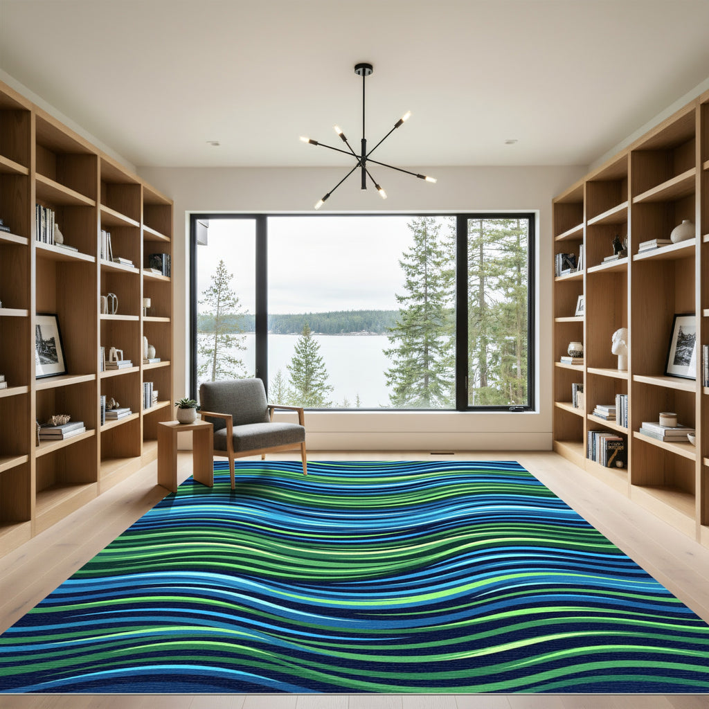 Vibrant Blue and Green Wavy Lines Rug