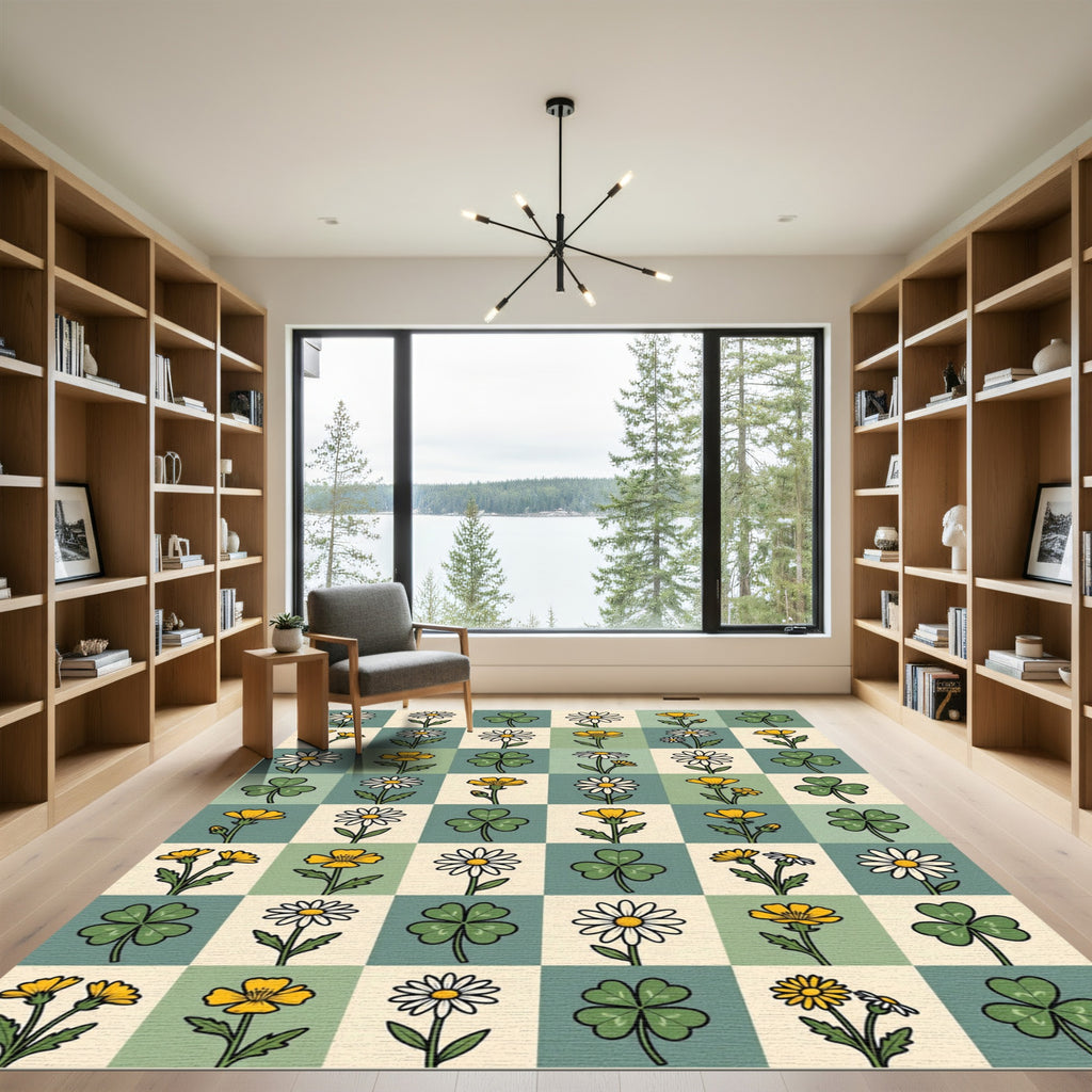Sage Green Checkerboard Daisy Clover Grid Rug