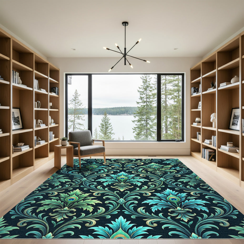 Teal Peacock Feather Damask Scroll Rug
