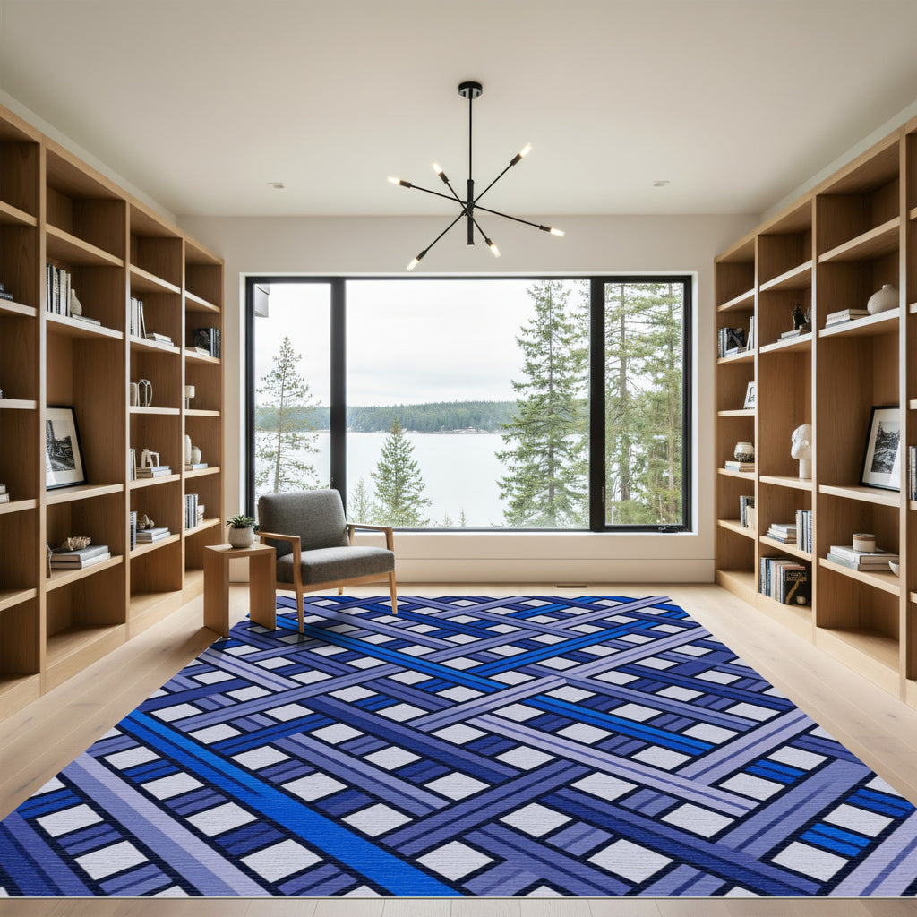 Interlocking Blues Geometric Weave Rug