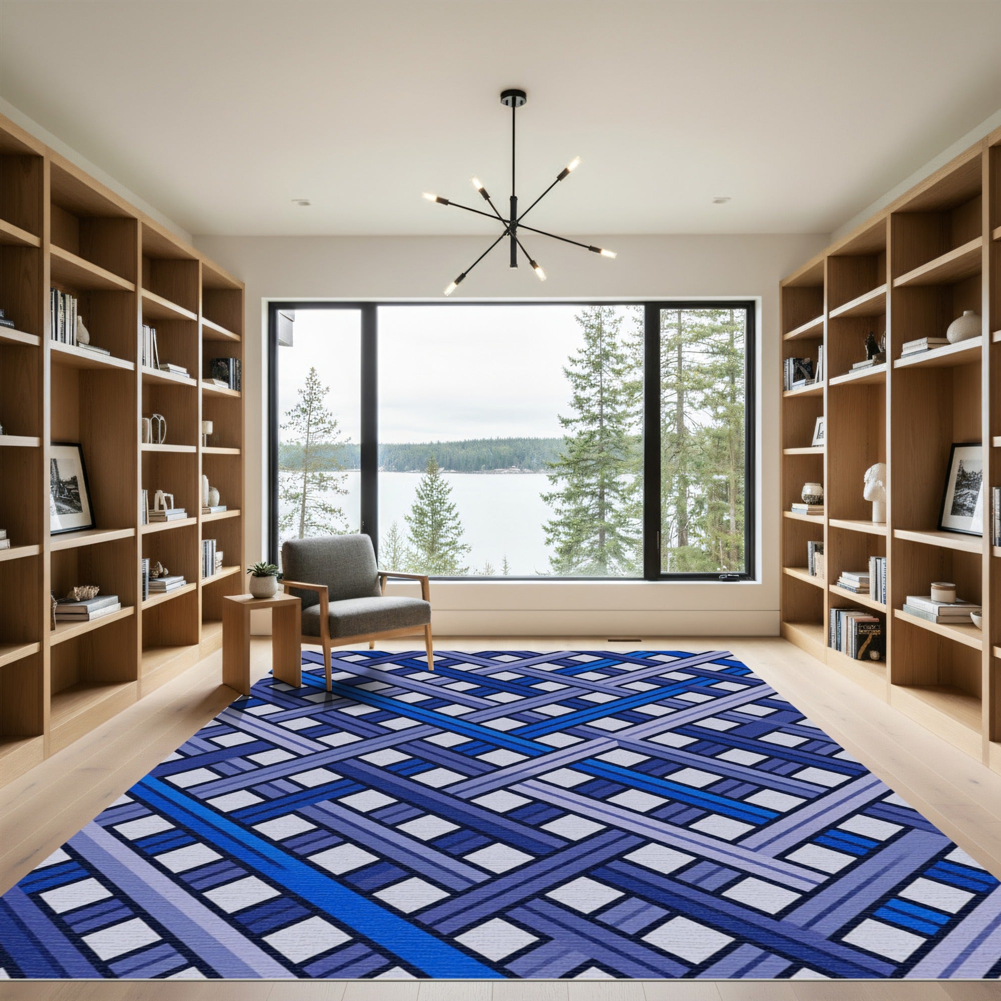Interlocking Blues Geometric Weave Rug