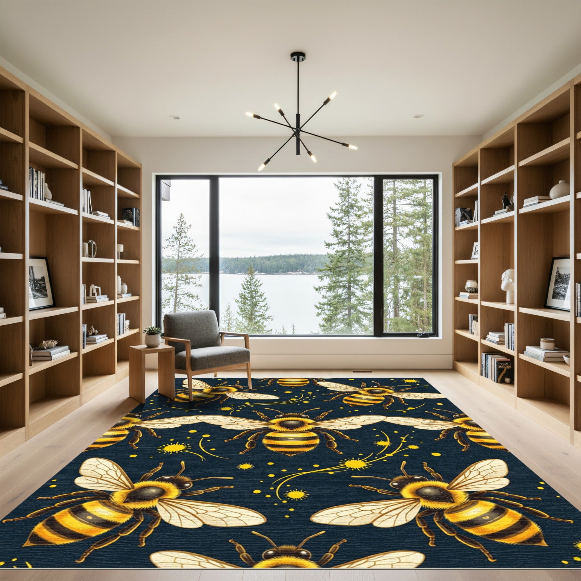 Golden Honeybee Navy Minimalist Art Rug