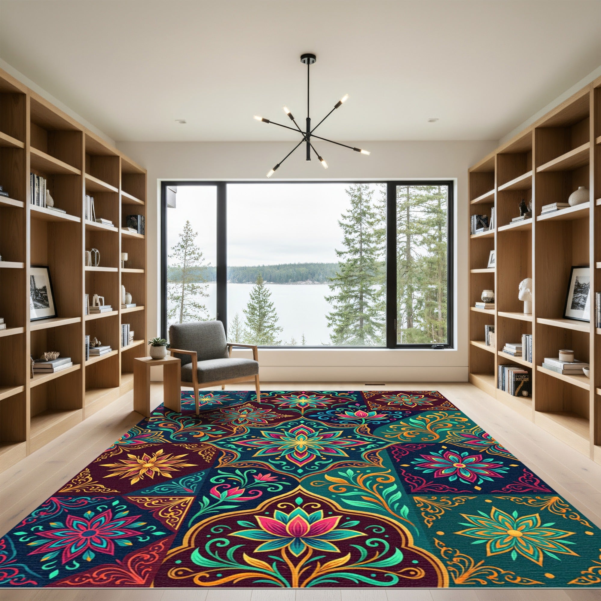 Vibrant Teal Pink Golden Floral Medallion Rug