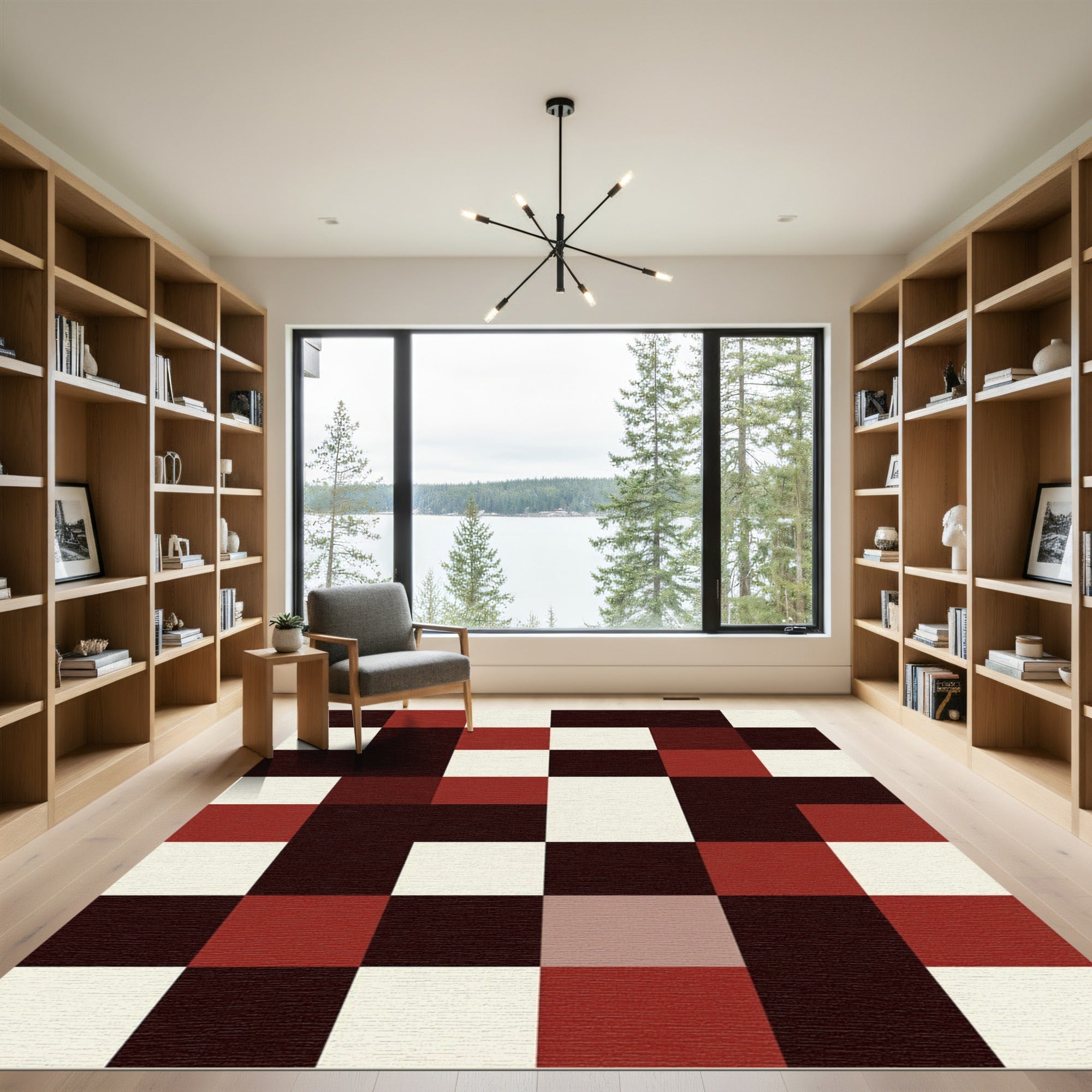 Modern Crimson and Cream Block Mosaic Rug