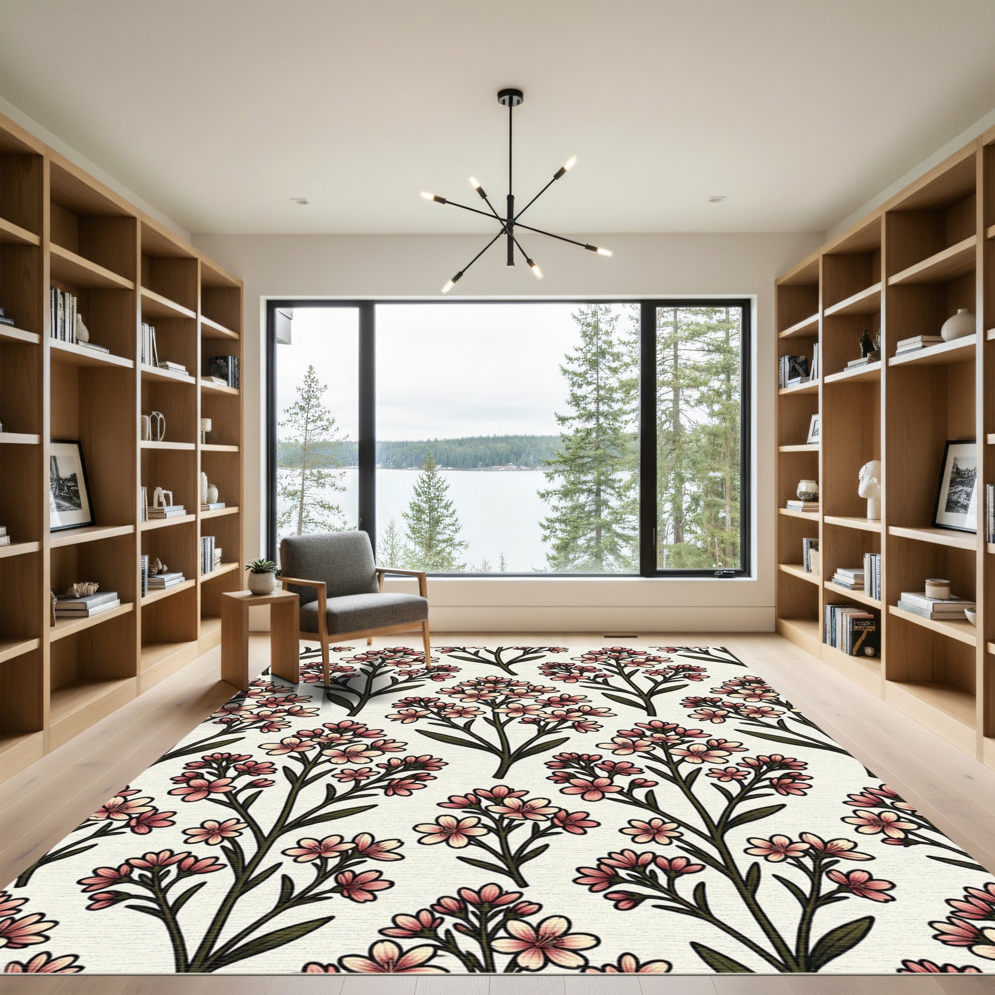 Pink Blossom Branches Cream Background Rug