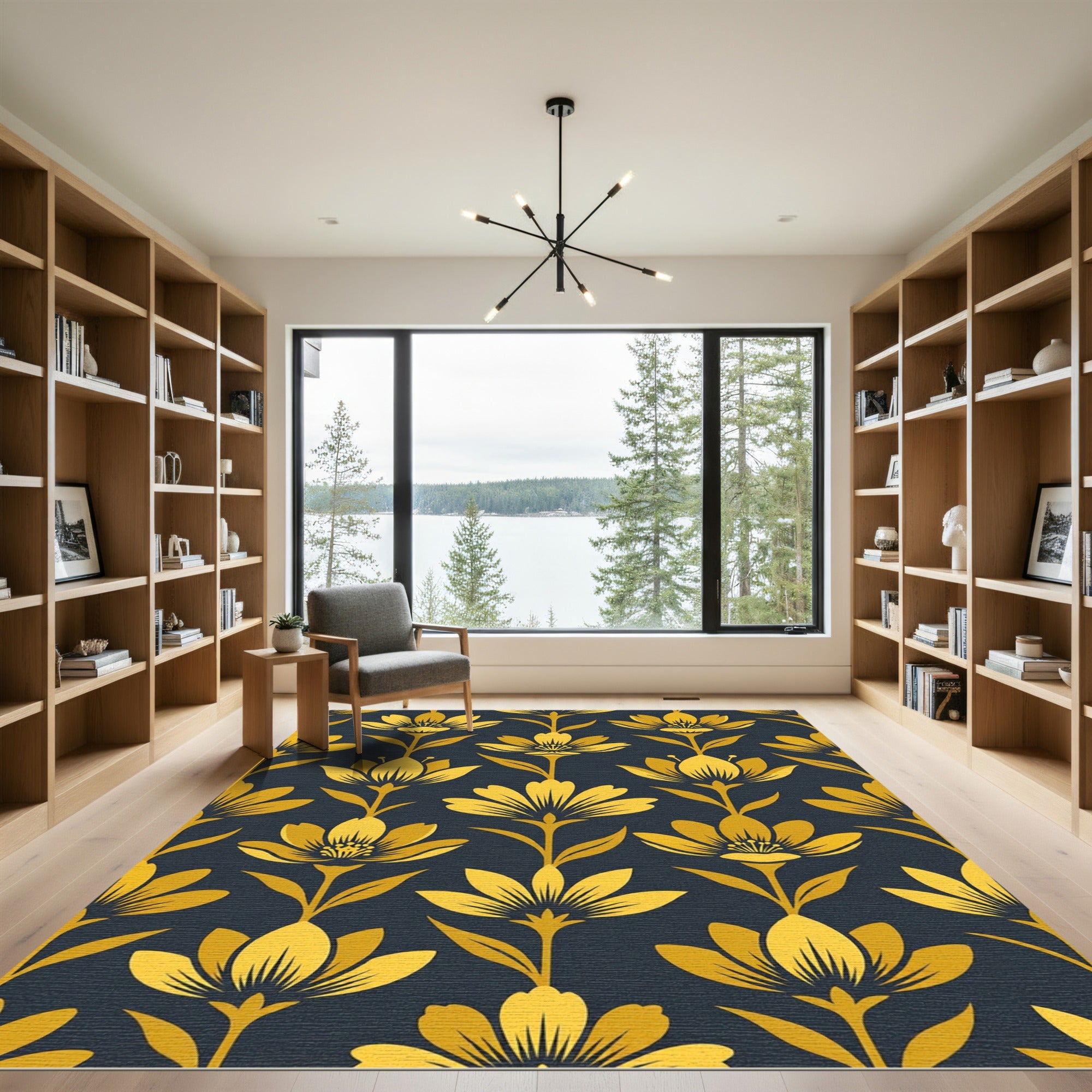 Golden Botanical Floral Midnight Navy Rug