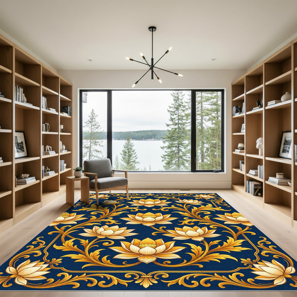 Golden Lotus Filigree Dark Navy Rug