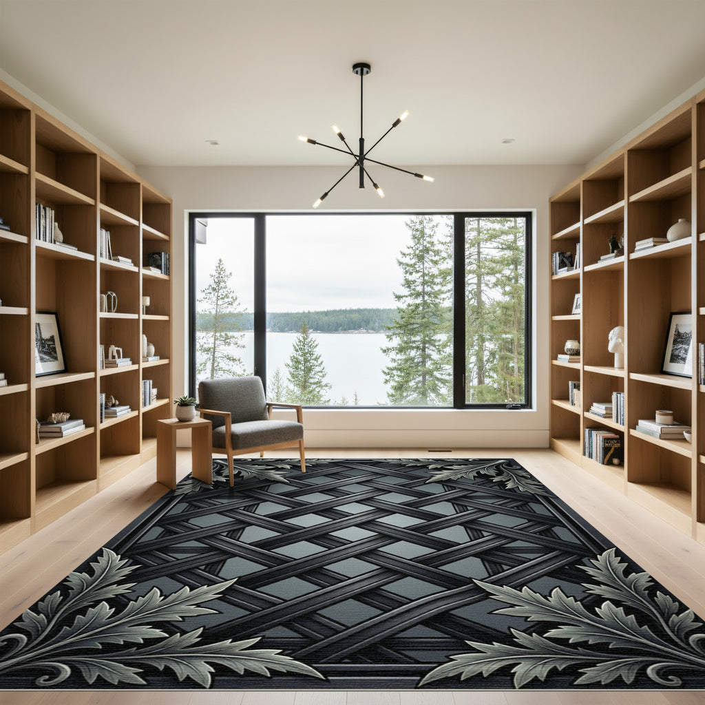 Ornate Black Woven Lattice Foliage Rug