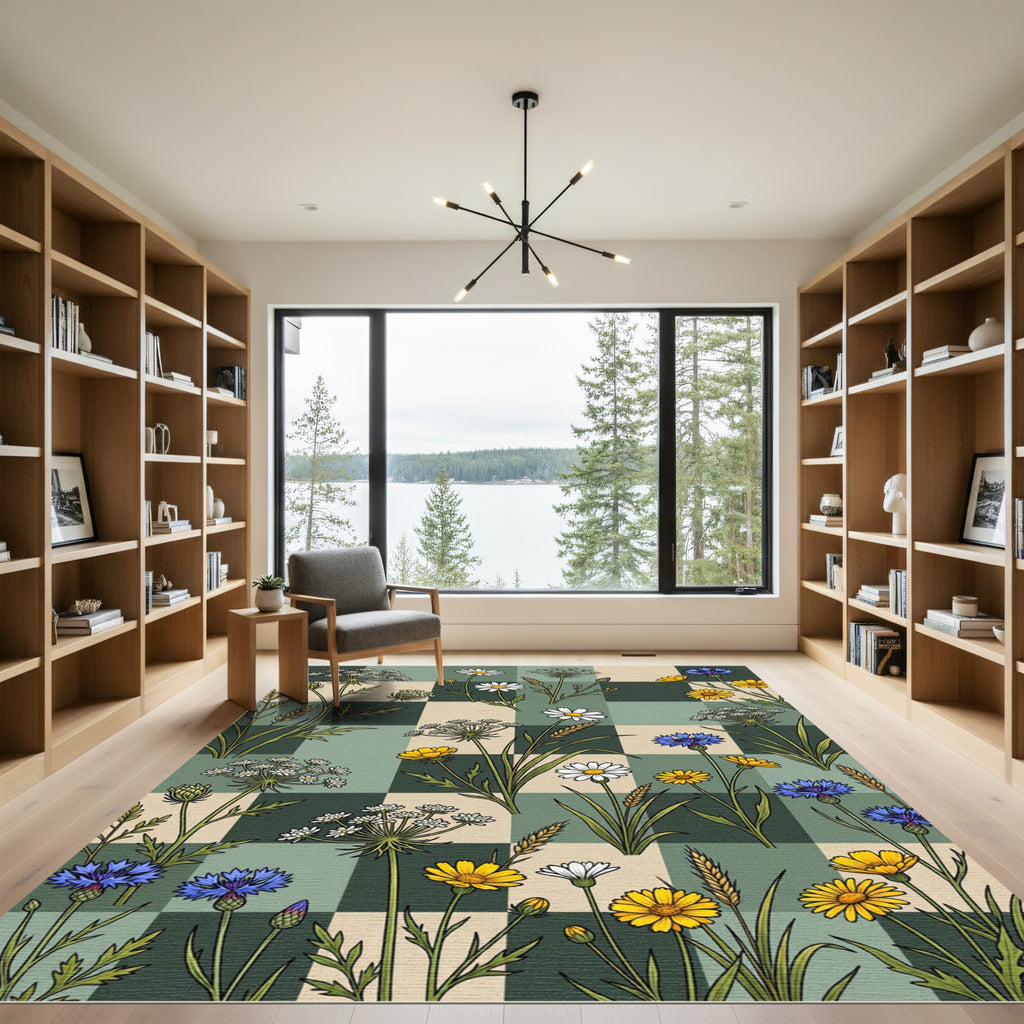 Field Flowers Checkerboard Botanical Composition Rug