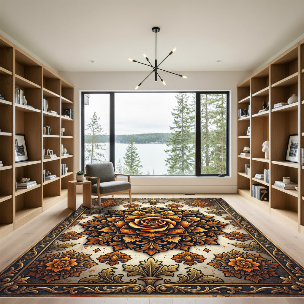 Ornate Amber Rose Floral Medallion Rug
