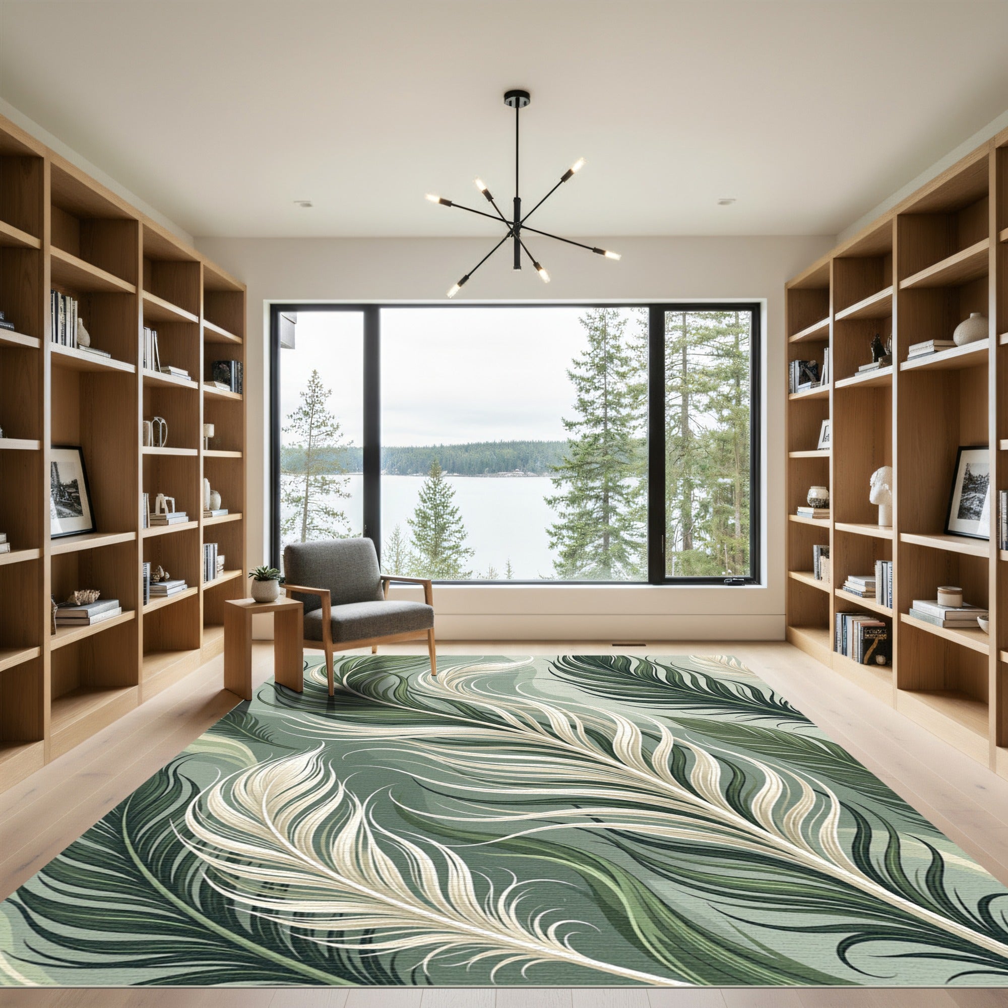 Elegant Green Cream Feather Cascade Rug