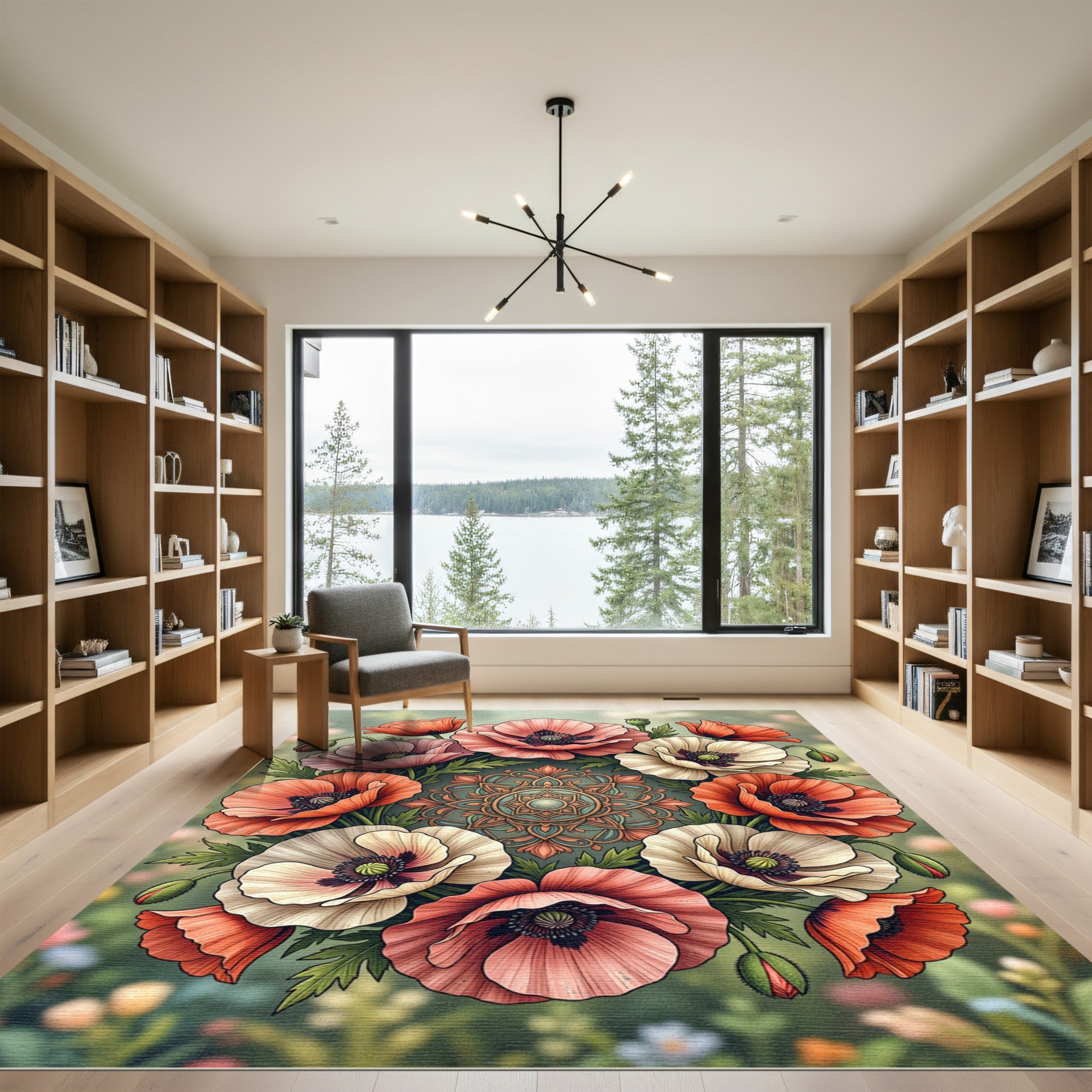 Vibrant Floral Poppies with Ornate Medallion Rug