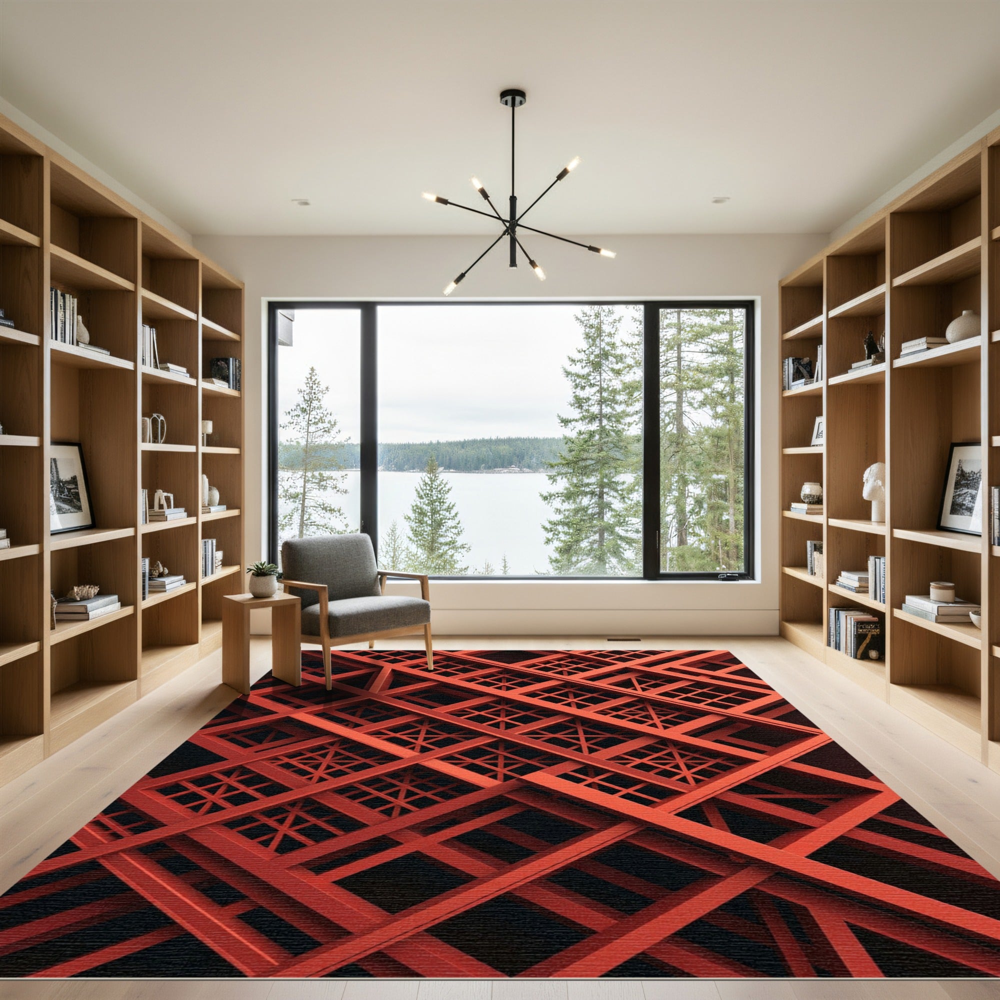 Modern Crimson Geometric Intersecting Grid Rug