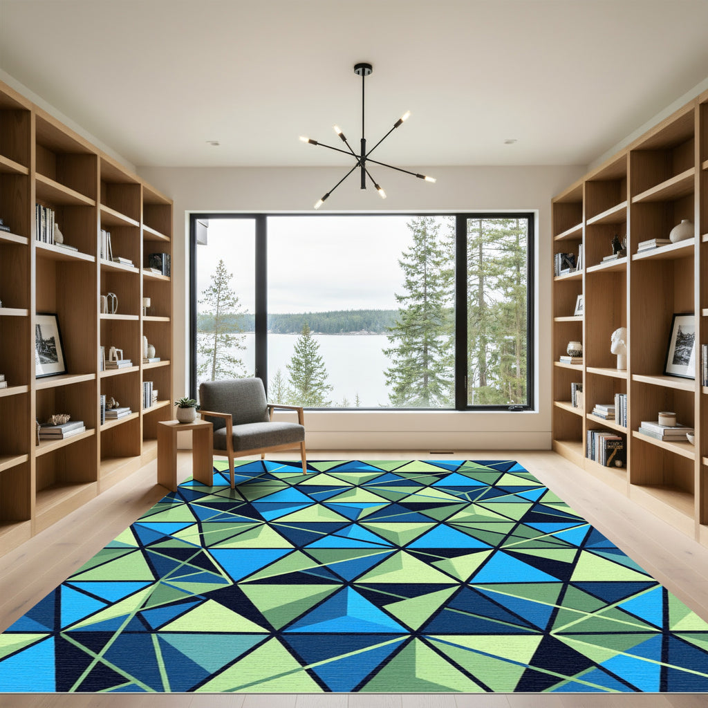 Geometric Azure and Lime Triangle Mosaic Rug
