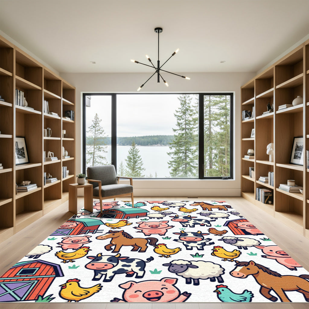 Colorful Farm Animal Character Scene Rug
