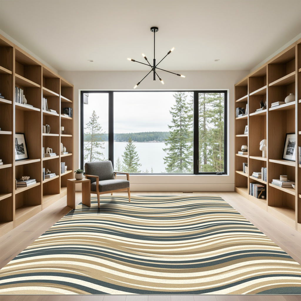 Modern Neutral Wavy Earth Tone Stripe Rug