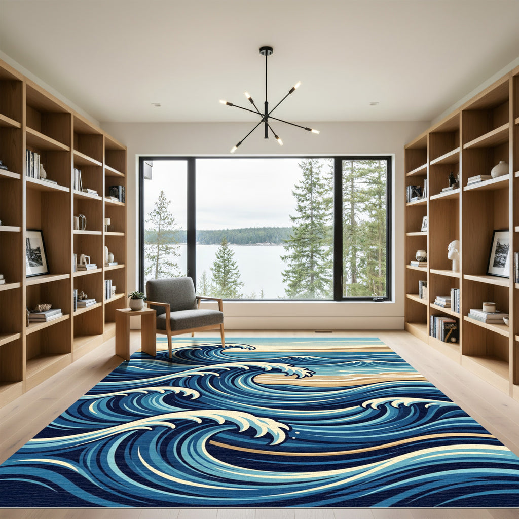 Japanese Inspired Deep Blue Ocean Waves Rug
