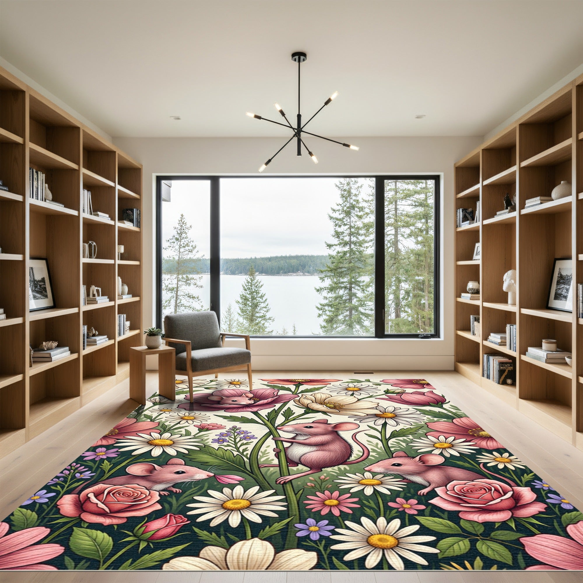 Whimsical Pink Mouse Floral Garden Rug