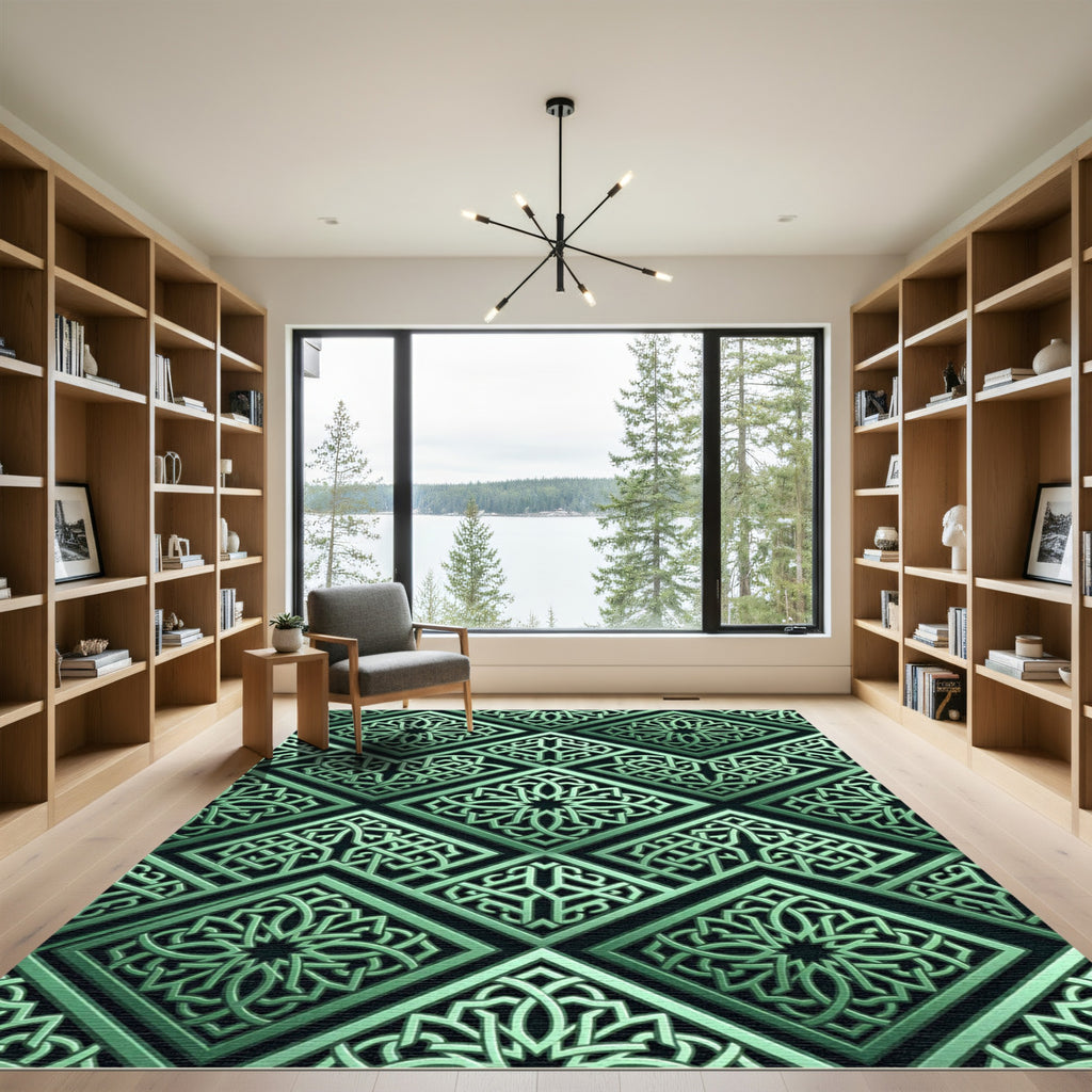 Intricate Emerald Geometric Interlocking Lattice Rug