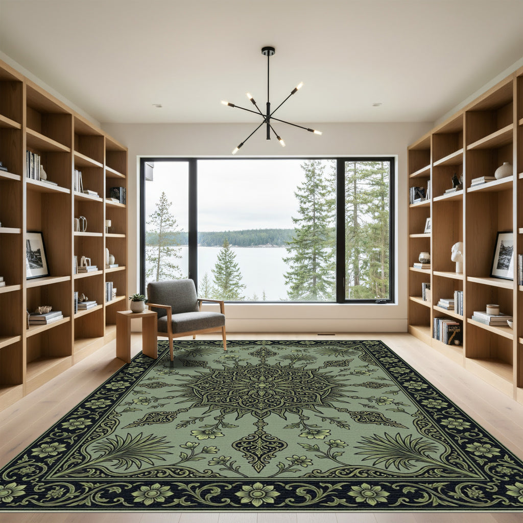 Sage Green Floral Medallion Border Rug