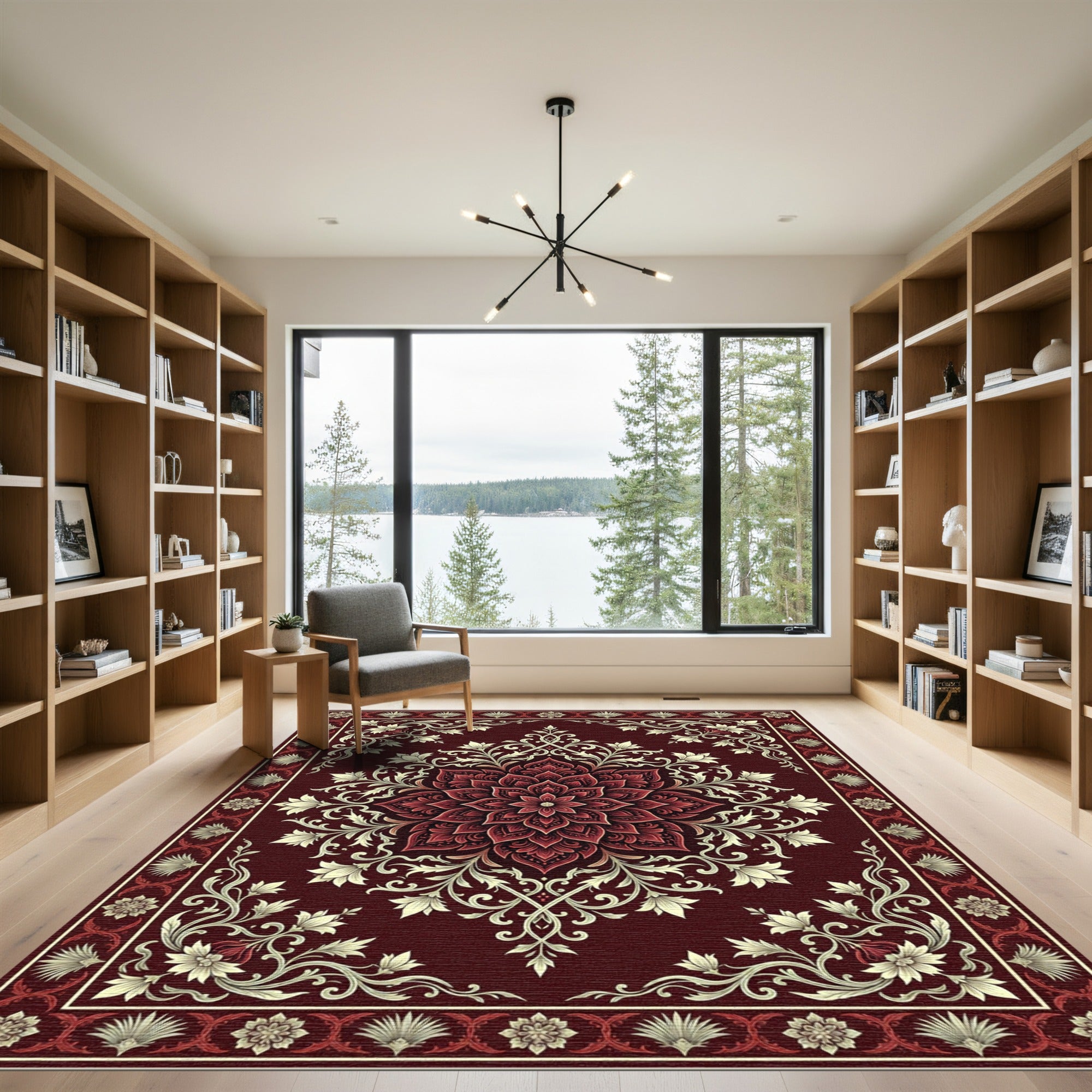 Deep Crimson Floral Lotus Medallion Rug