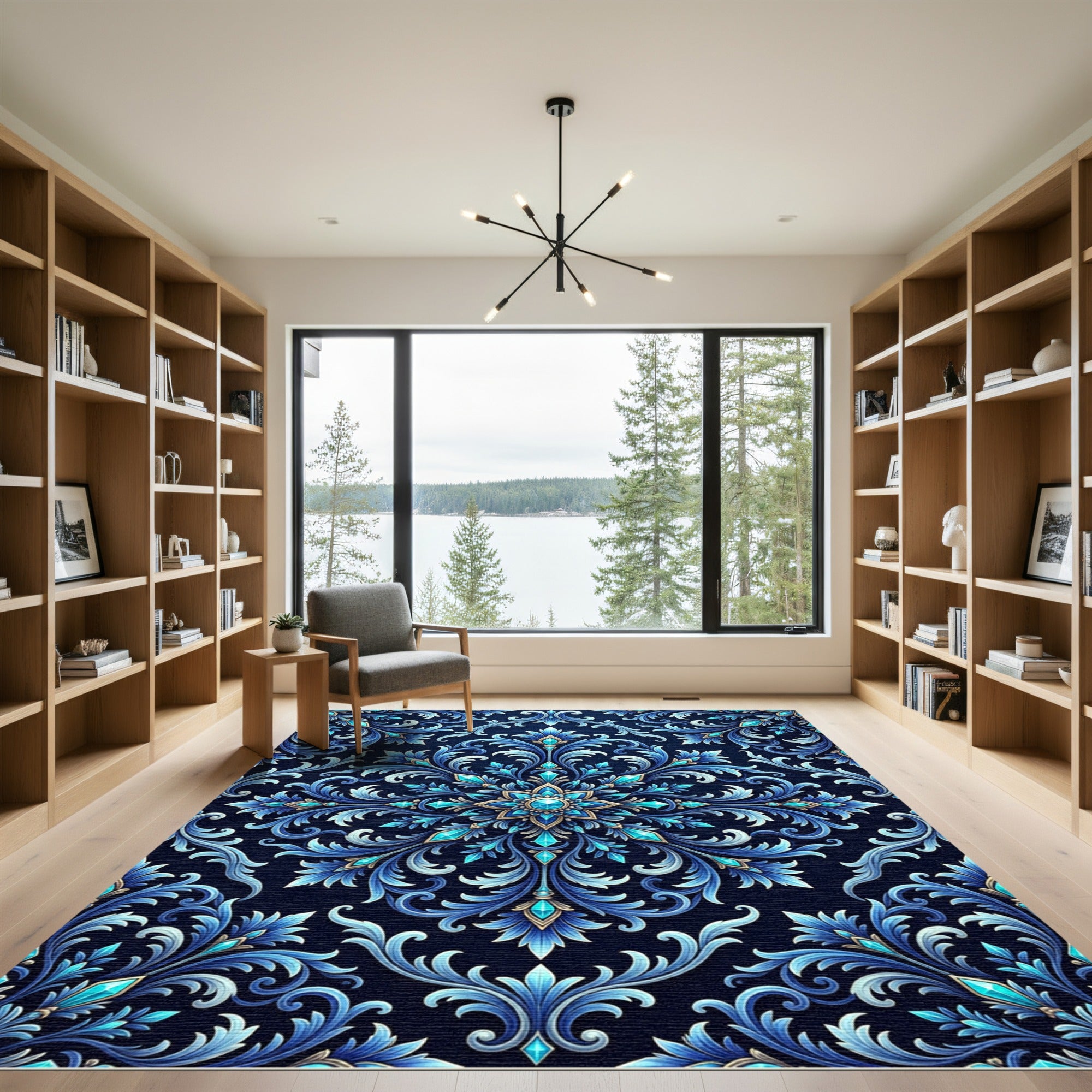 Deep Blue Jewel Accented Floral Rug