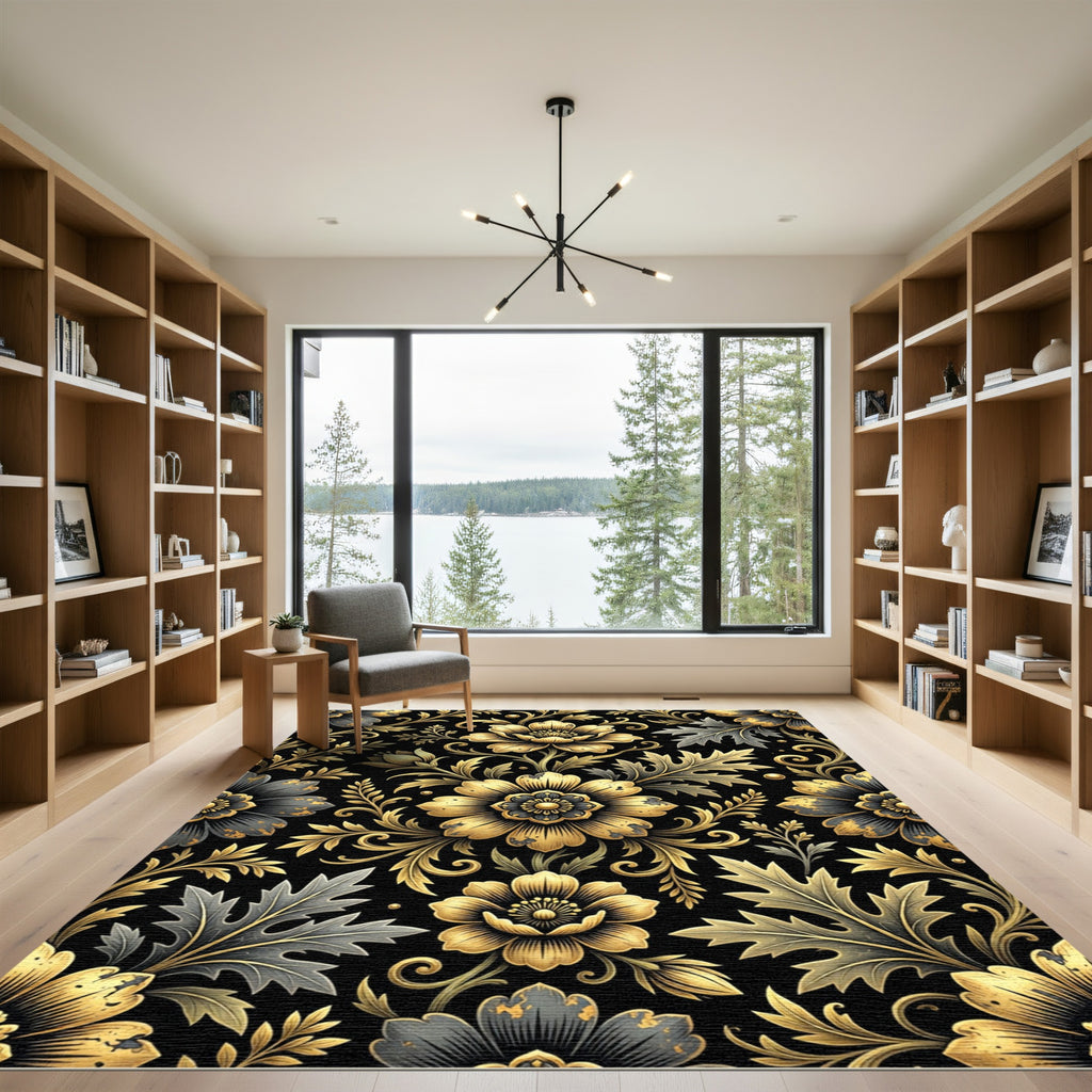 Golden Floral Damask Noir Accents Rug